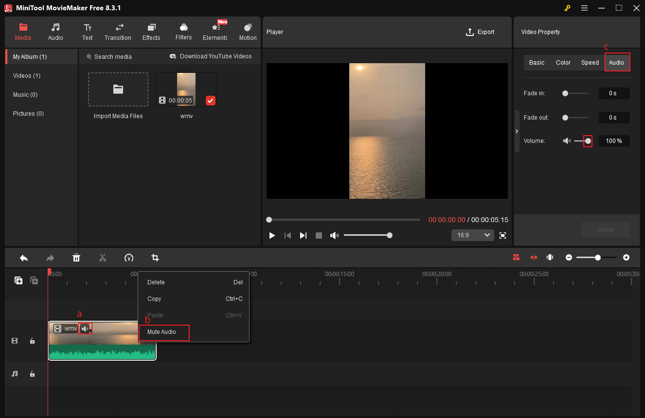 Delete audio from WMV in MiniTool MovieMaker