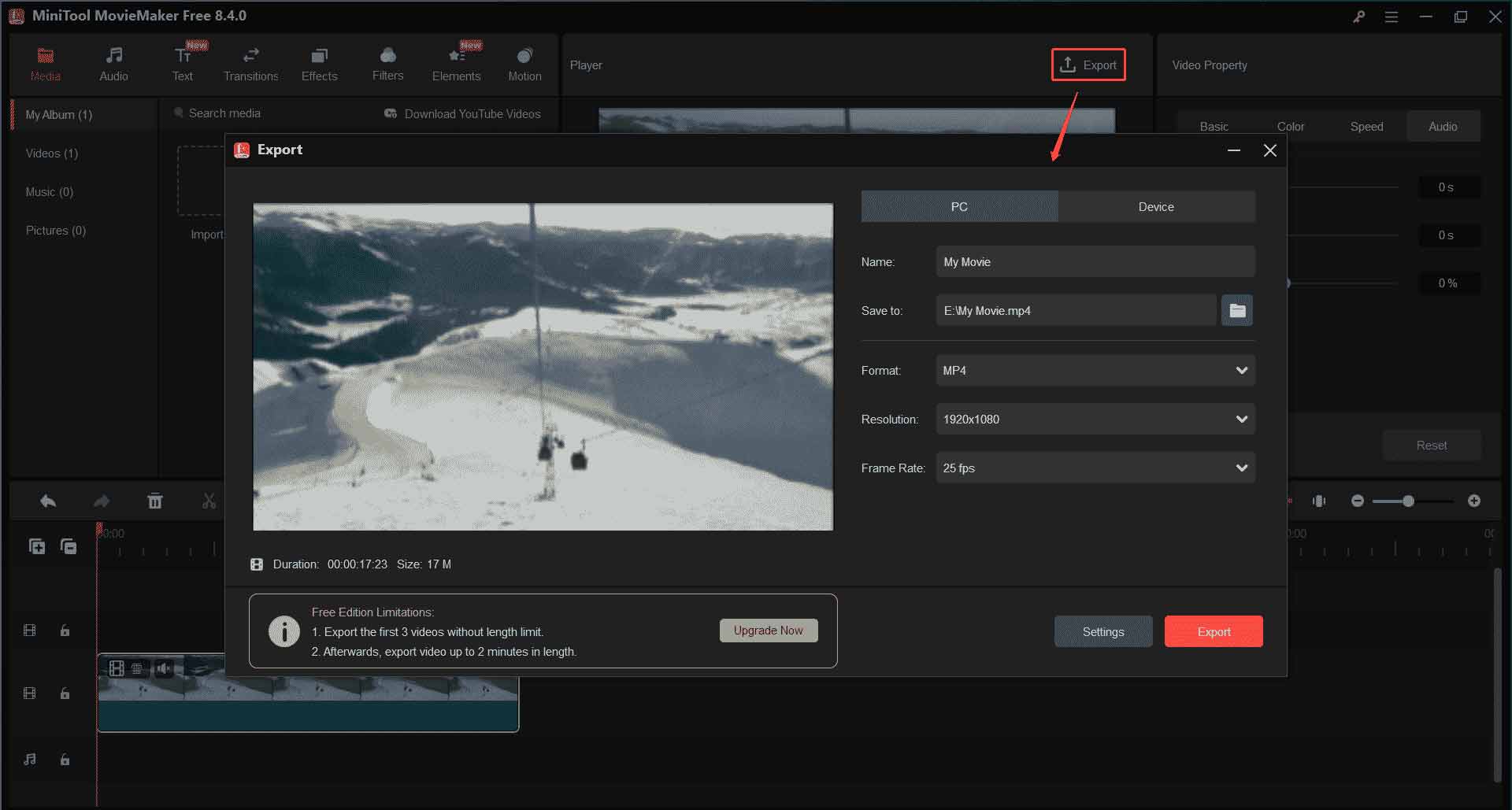 MiniTool MovieMakerで「Export」アイコンをクリックした後の設定ウィンドウ