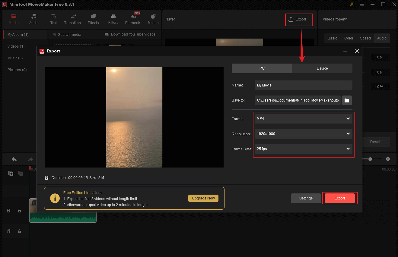 Set the output video parameters and click Export in MiniTool MovieMaker to export the WMV video
