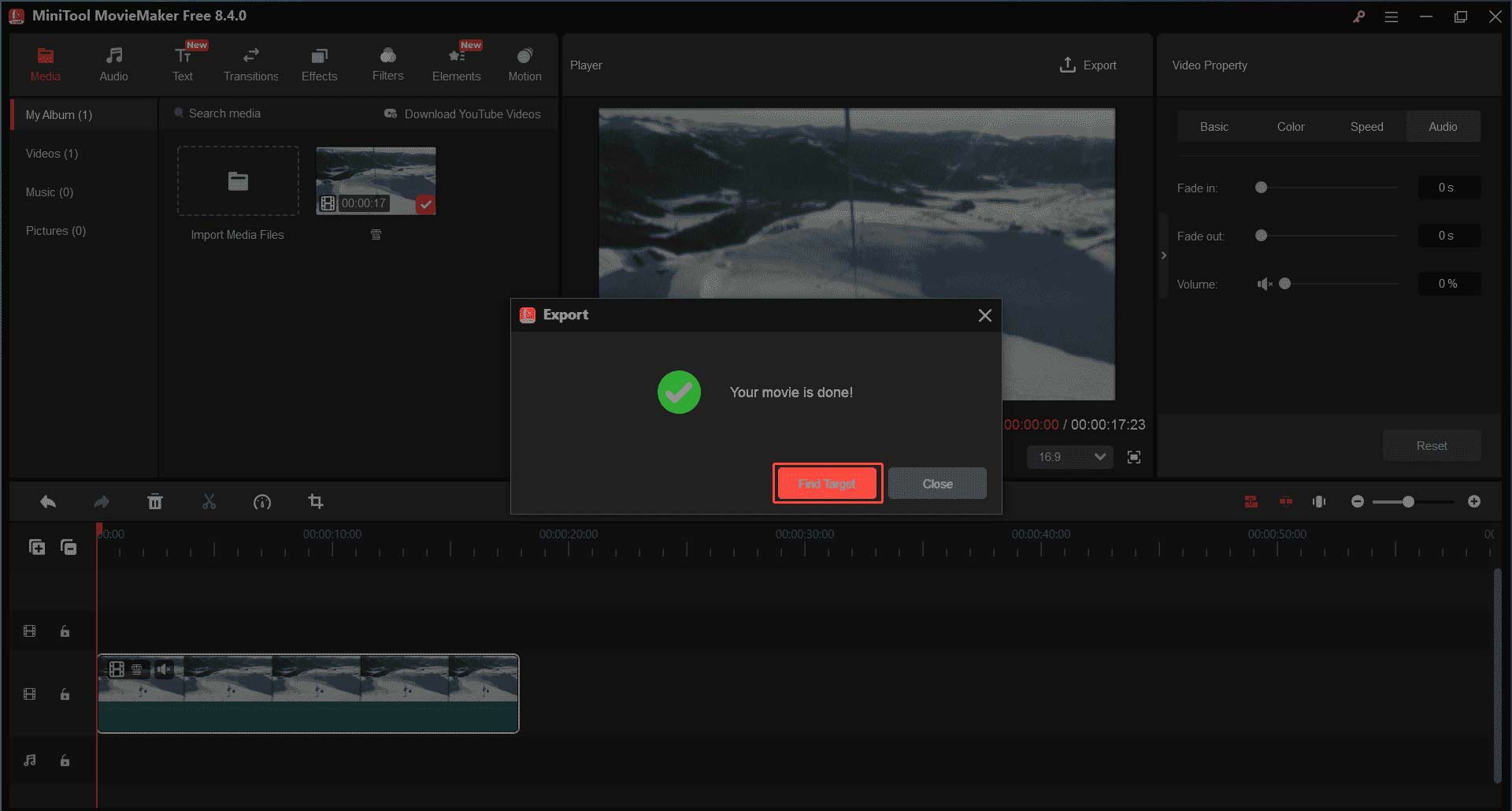 MiniTool MovieMakerでエクスポートが完了した後の「Find Target」オプション
