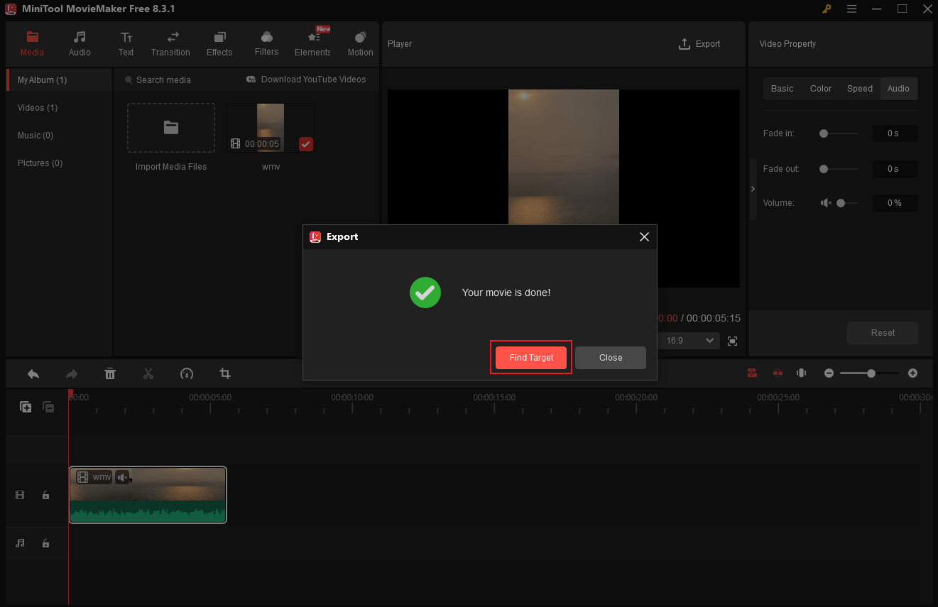 Click Find Target in MiniTool MovieMaker to locate the WMV video