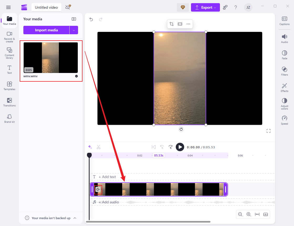 Drag the added video to the timeline and click the Speaker icon to mute the WMV video in Clipchamp