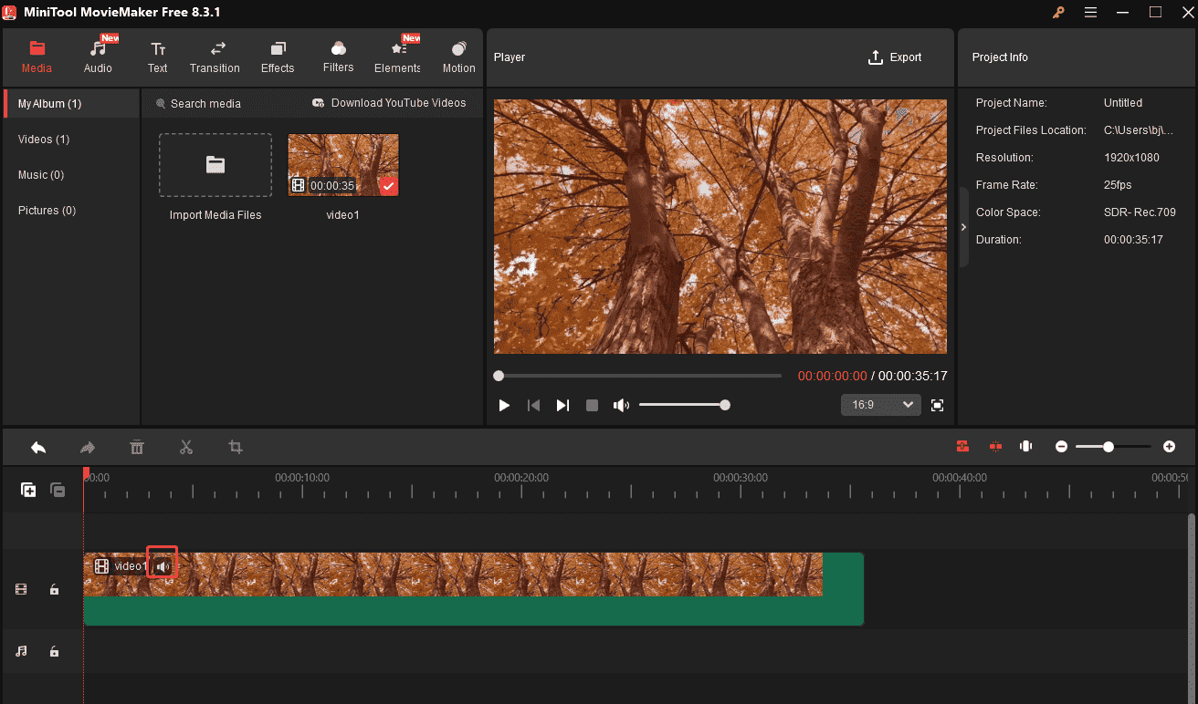 Click the Speaker icon to mute the video in MiniTool MovieMaker