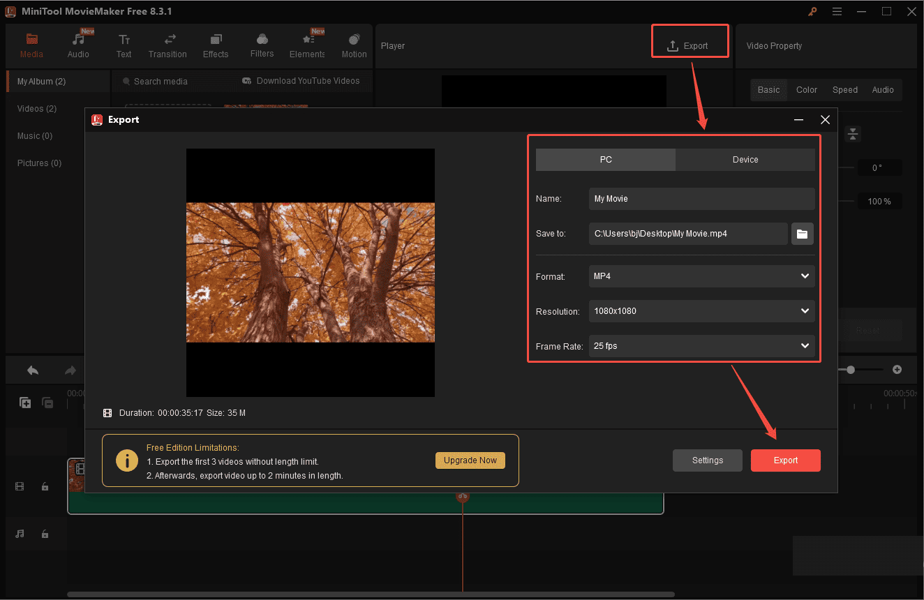 Click the Export button and customize the settings to export the video without audio