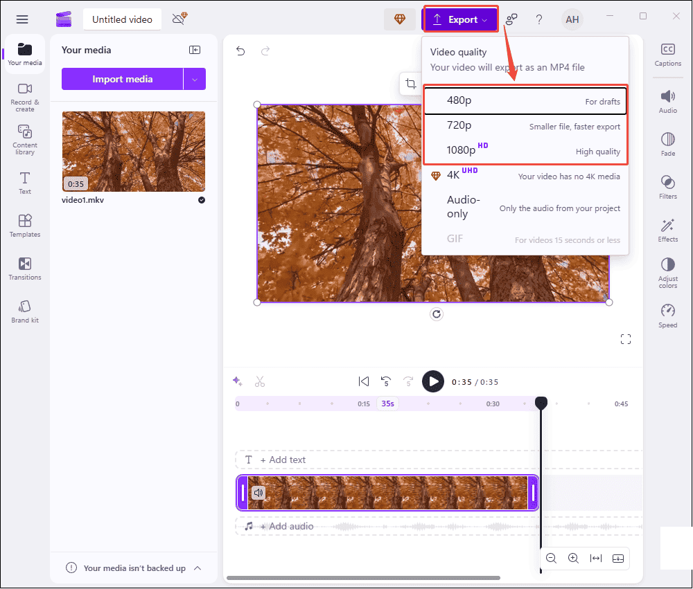 Click the Export icon and select the desired resolution to save the video