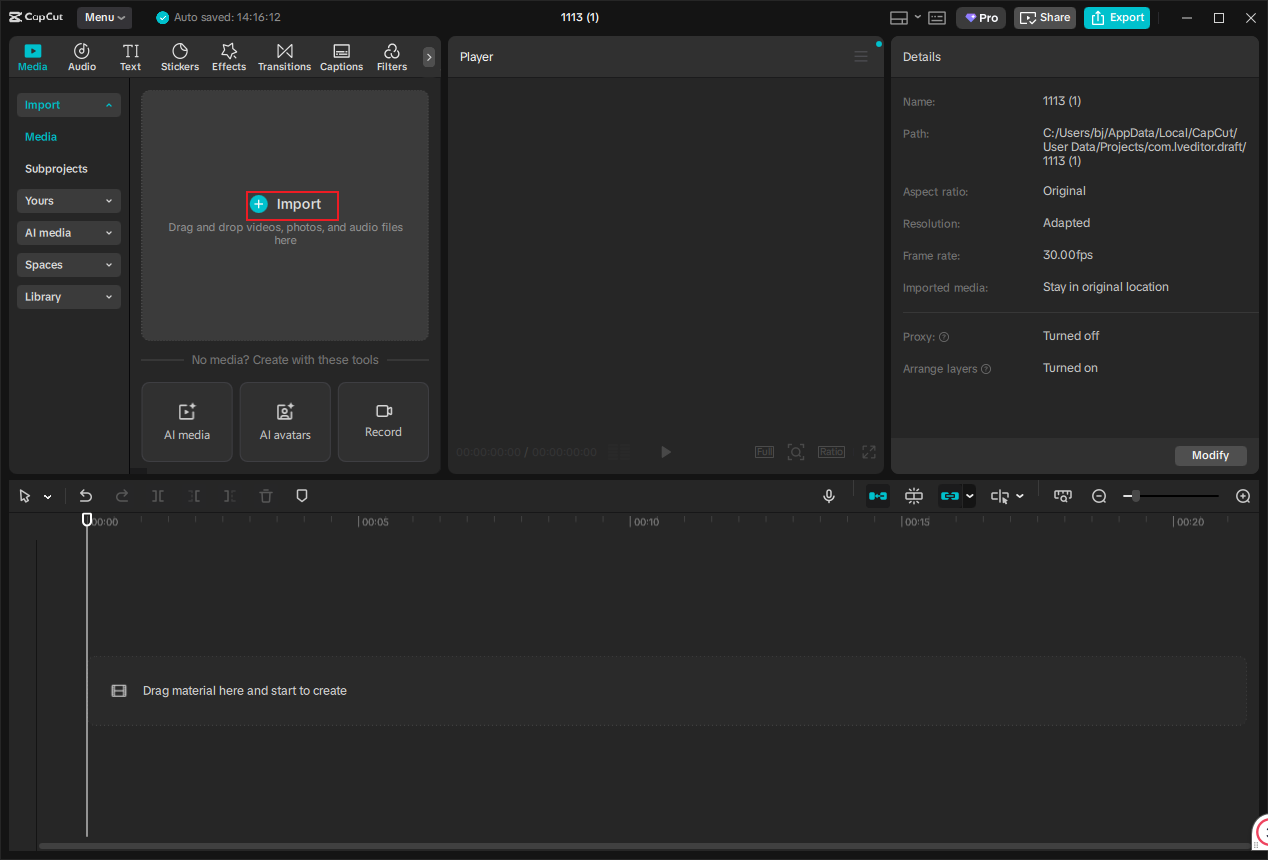 Click the Import option to add your video to CapCut