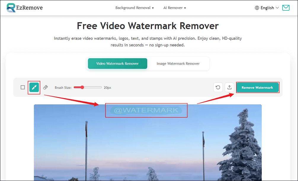 Use the Brush tool to cover the watermark and click Remove Watermark in EzRemove AI
