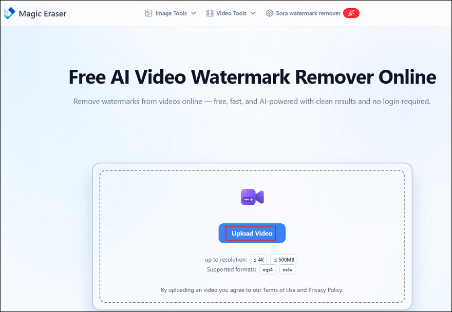 Click the Upload Video option to import your video to Magic Eraser