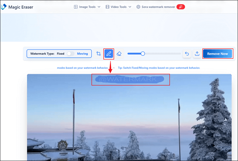 Use the brush tool to cover the watermark and click Remove New in Magic Eraser