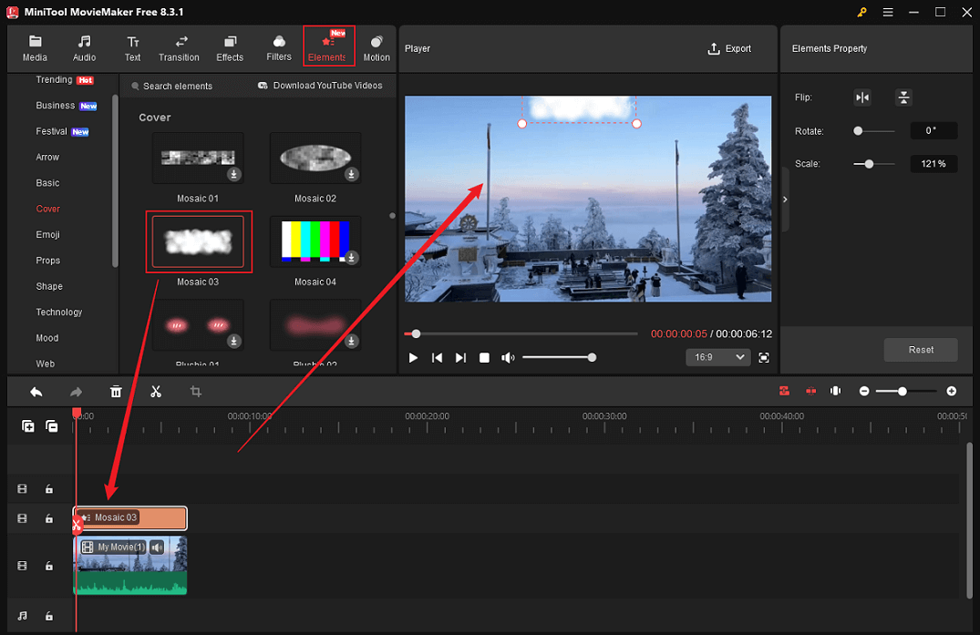 Add a sticker to the video to cover the watermark in MiniTool MovieMaker