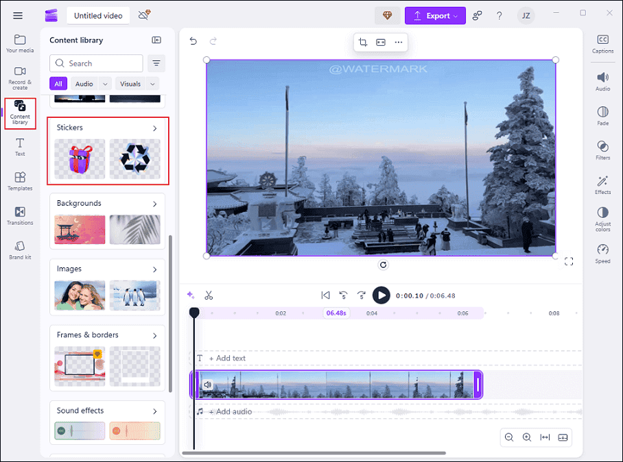 Click Content library and click Stickers in Clipchamp