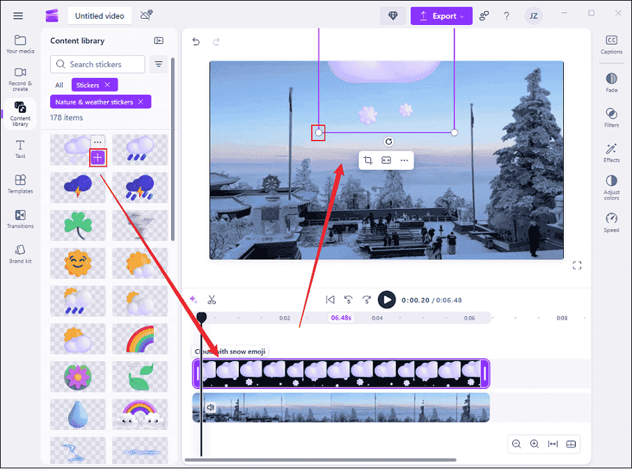Add the desired sticker to the video and adjust it to cover the watermark in Clipchamp