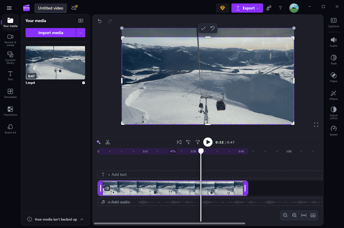 The cropping handle on top of the video in the Microsoft Clipchamp interface.