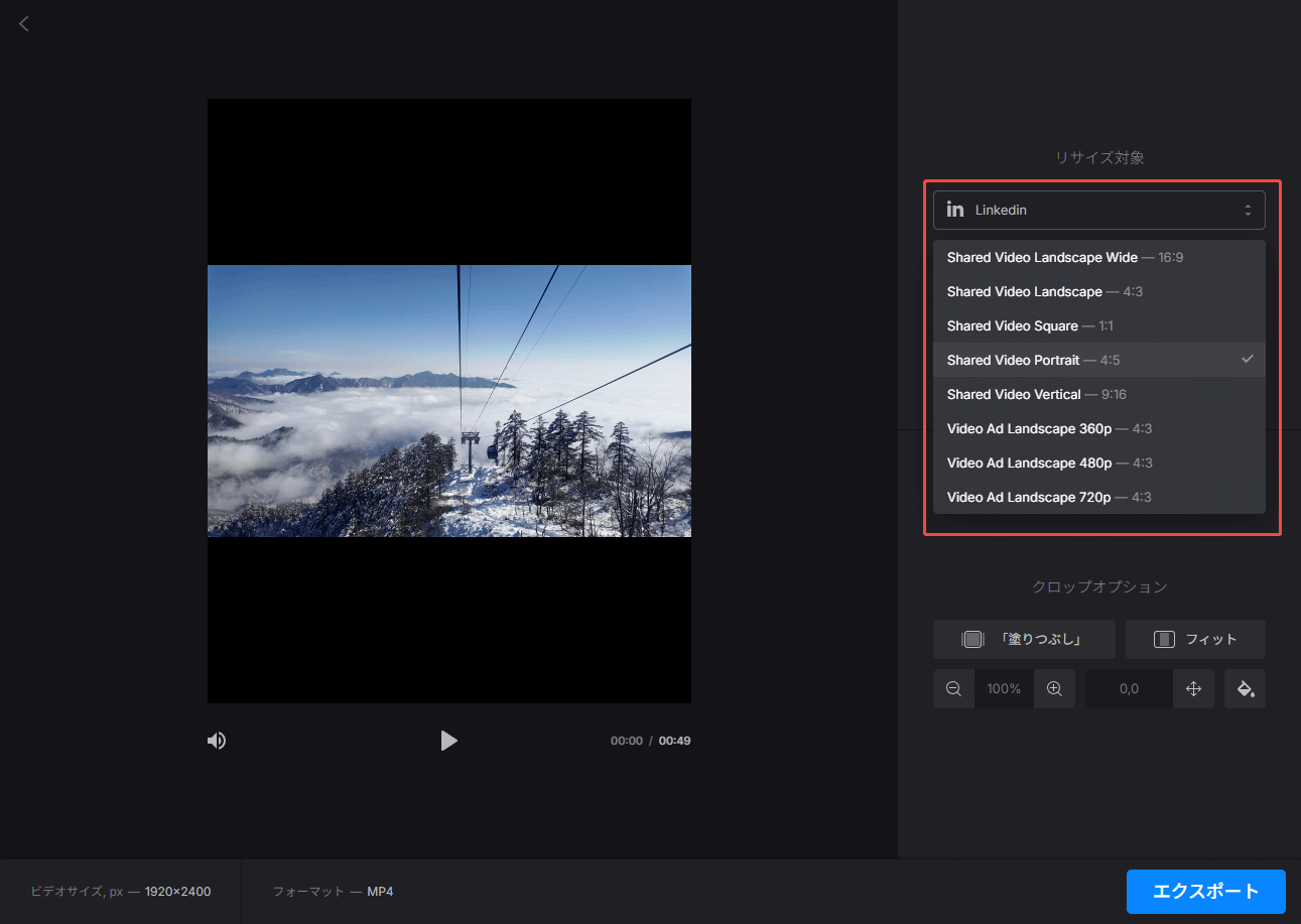 オンラインツールClideoでLinkedIn向けの適切なアスペクト比を選択するスクリーンショット