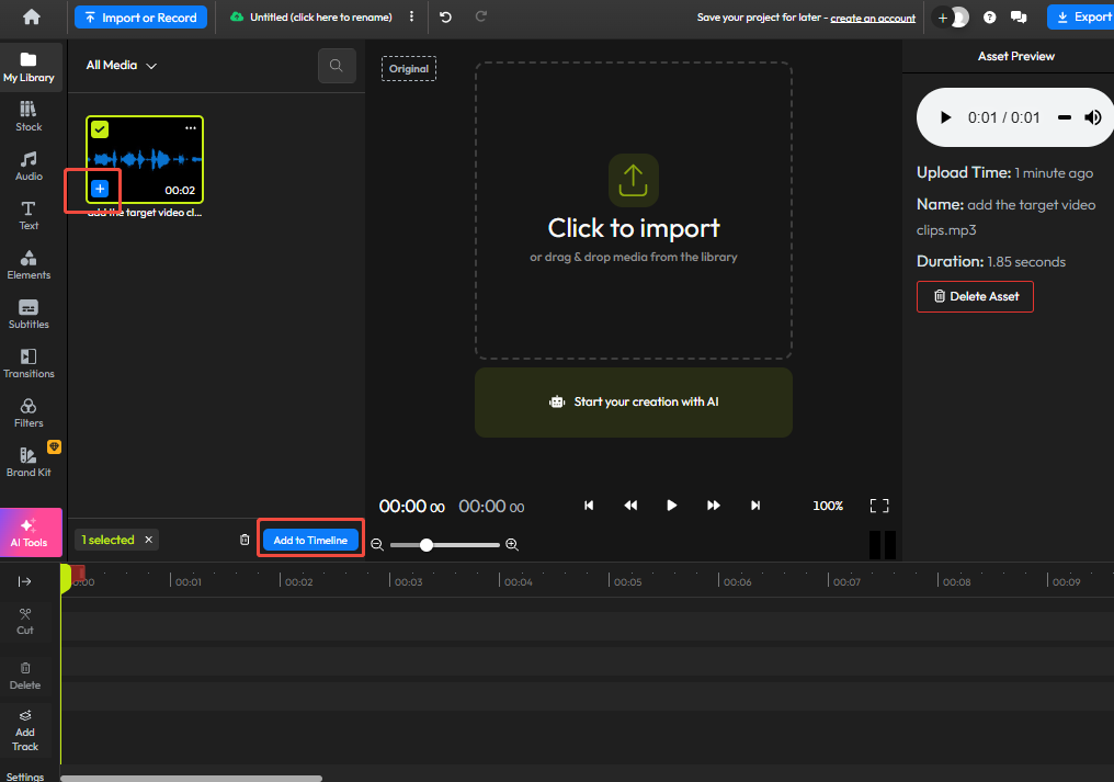 Flixierに追加した音声録音上のプラスアイコンと「Add to Timeline」ボタン