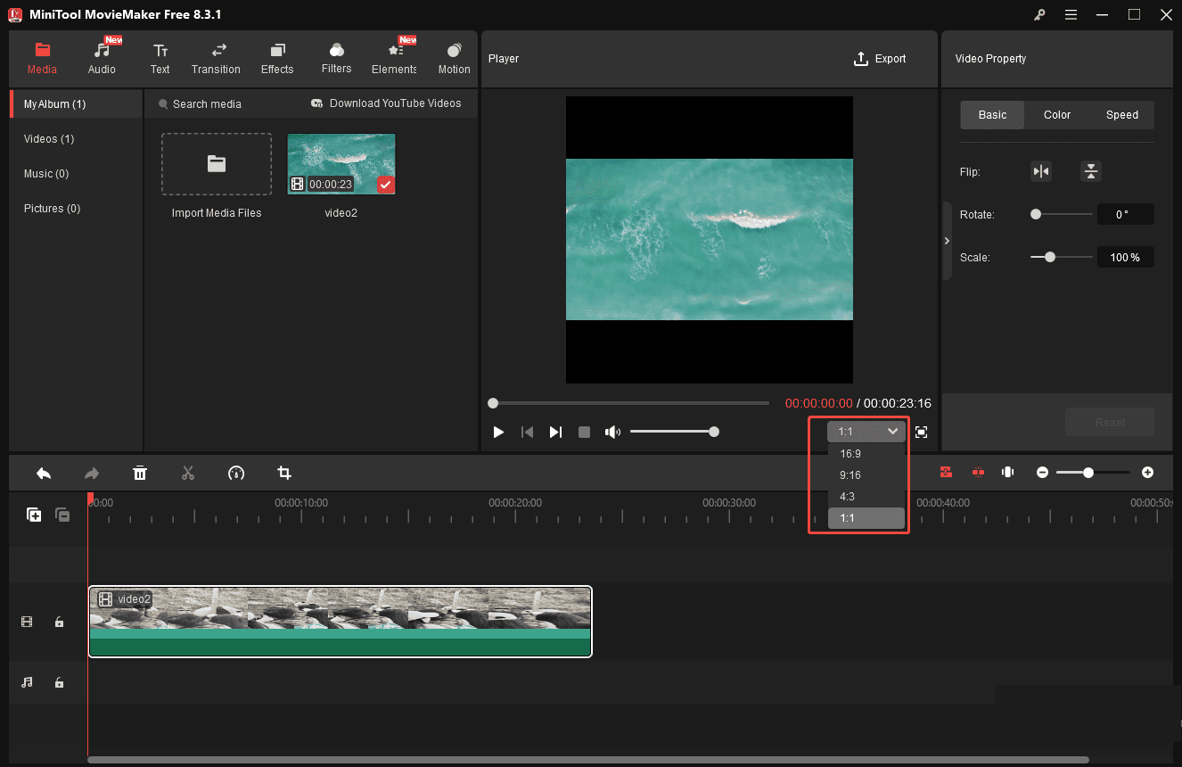Select 1:1 in the lower-right corner of the Player to make video square