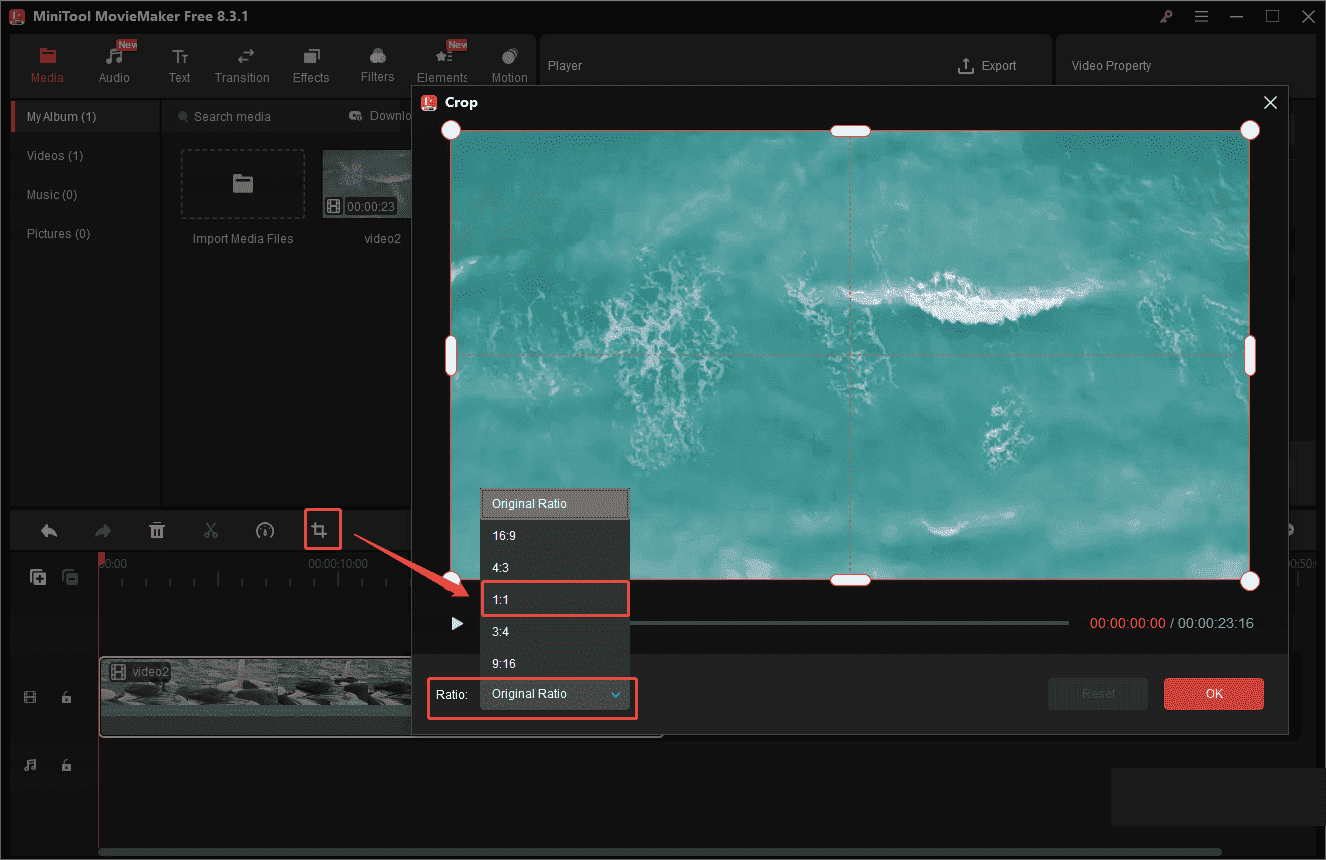 Click the Crop icon and choose 1:1 to make the video fit the square frame