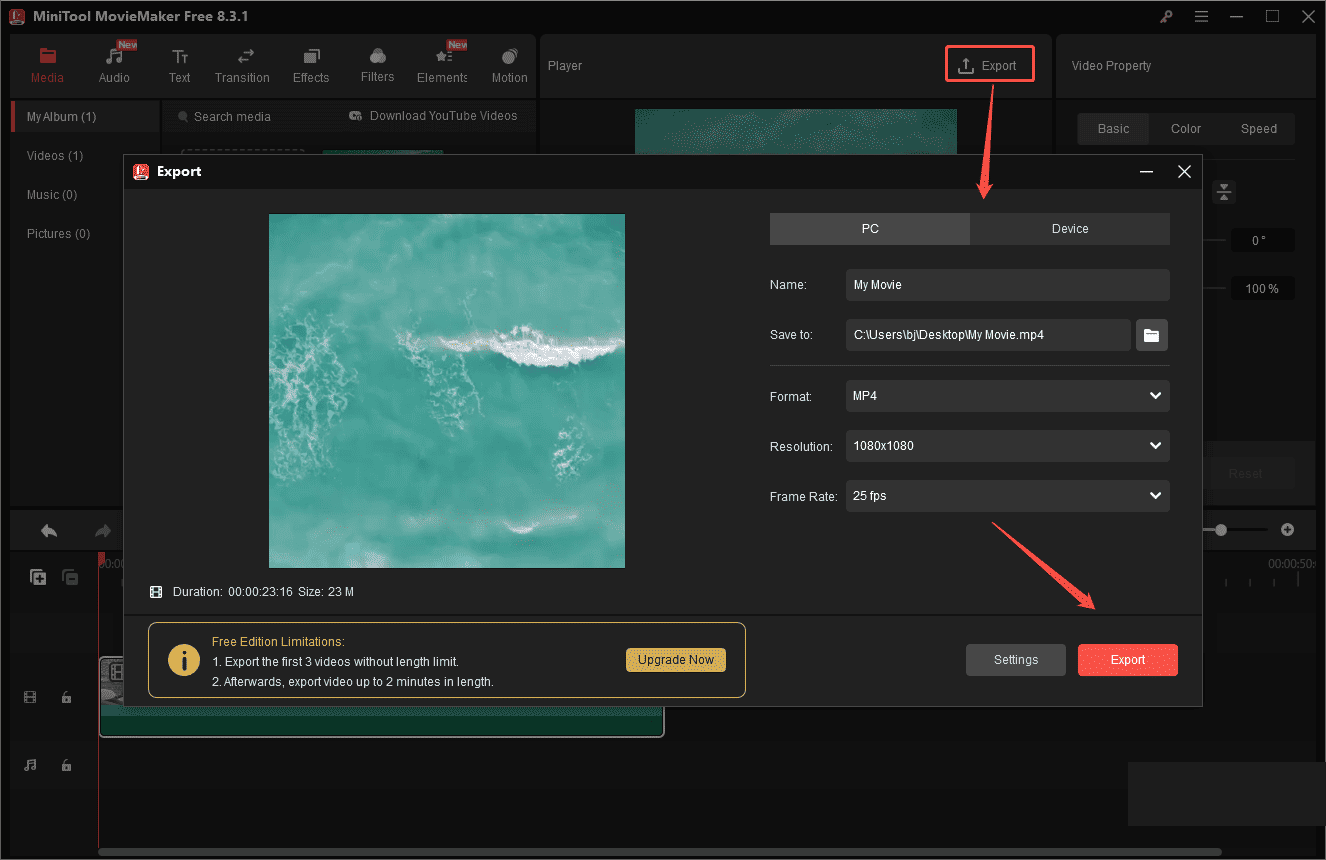Click Export and customize your video settings to save your video to your computer
