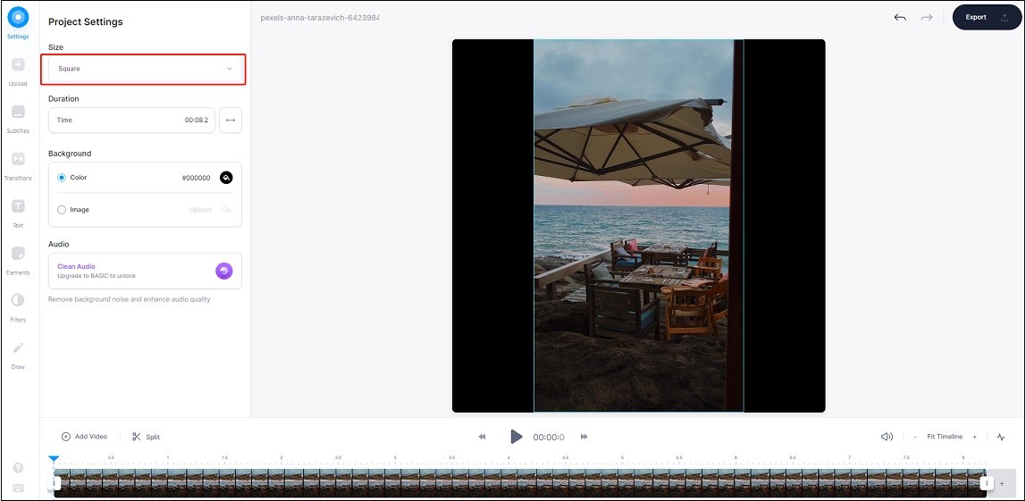 Select Square from the drop-down list in the Project Settings section in VEED.io.