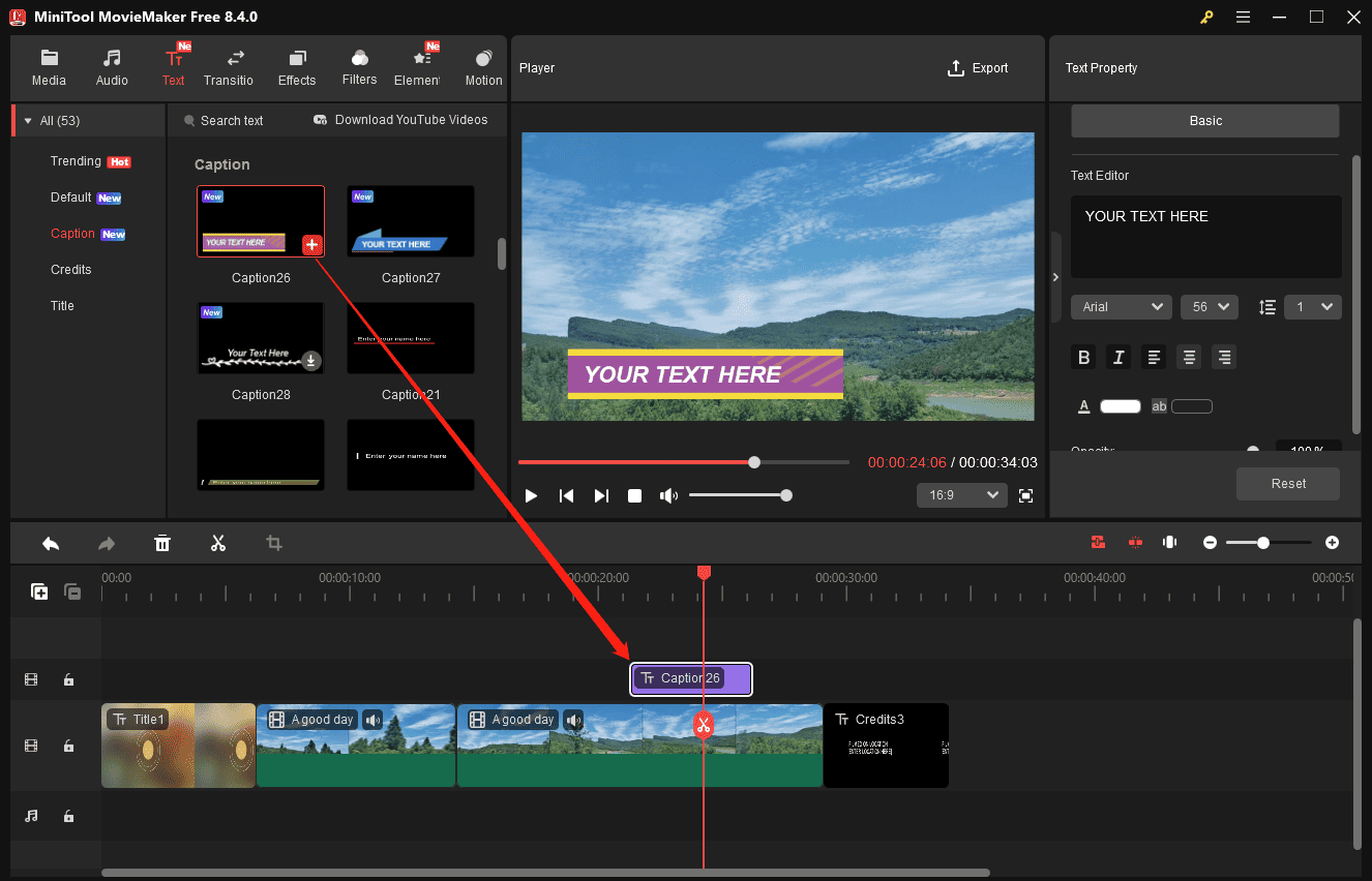 Add captions to the video in MiniTool MovieMaker