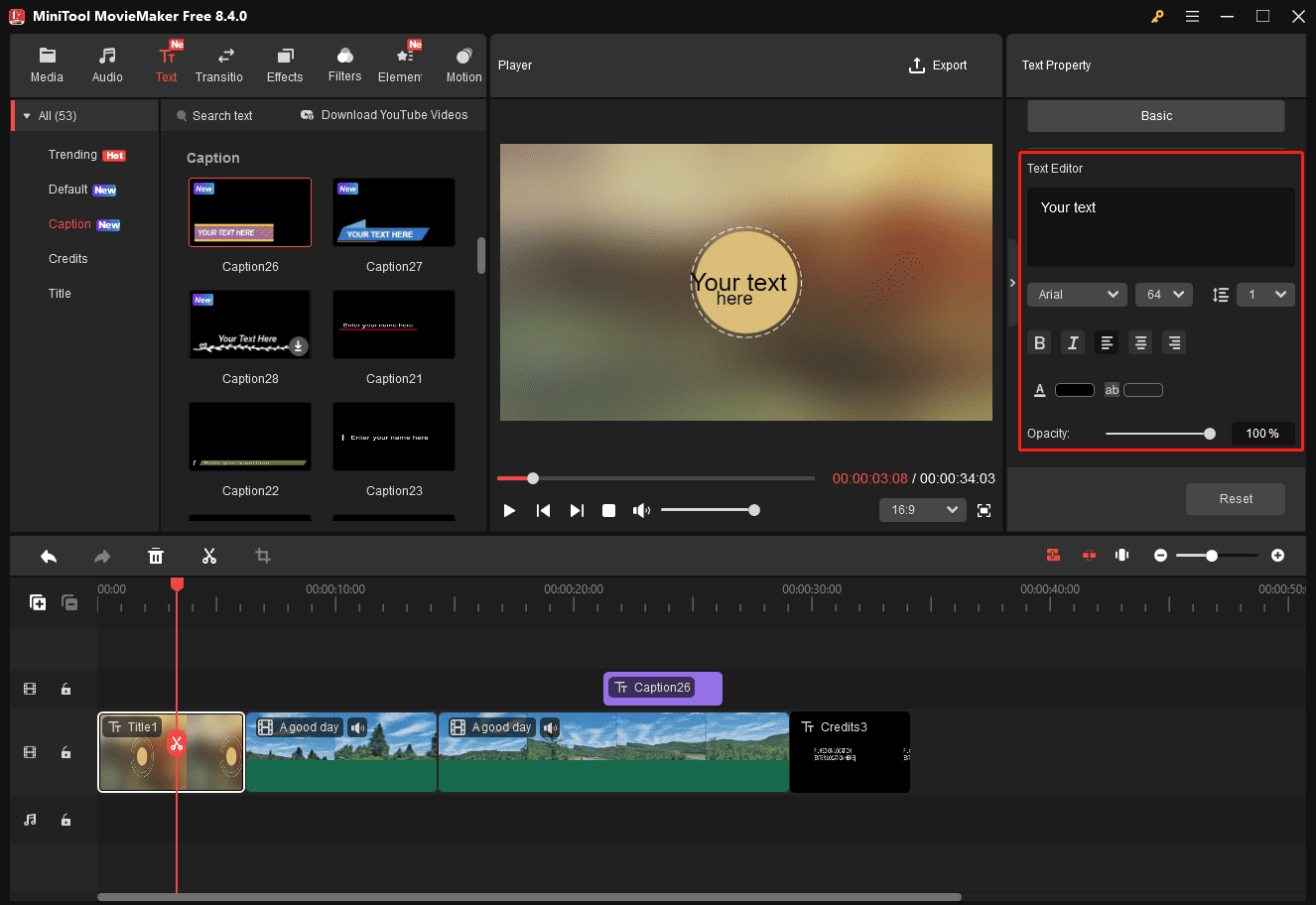 The selected Text Editor in MiniTool MovieMaker