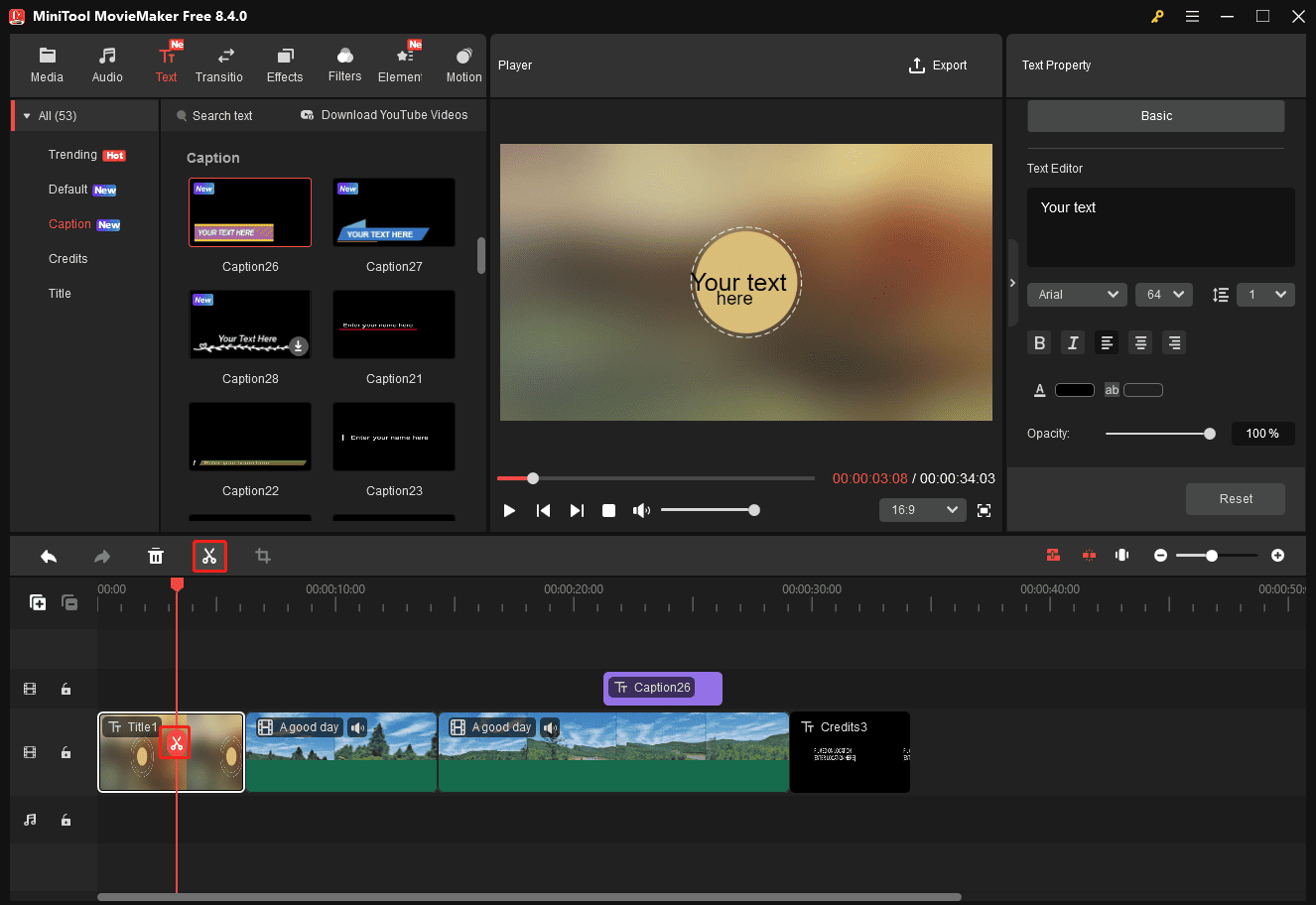 Split a title in in MiniTool MovieMaker
