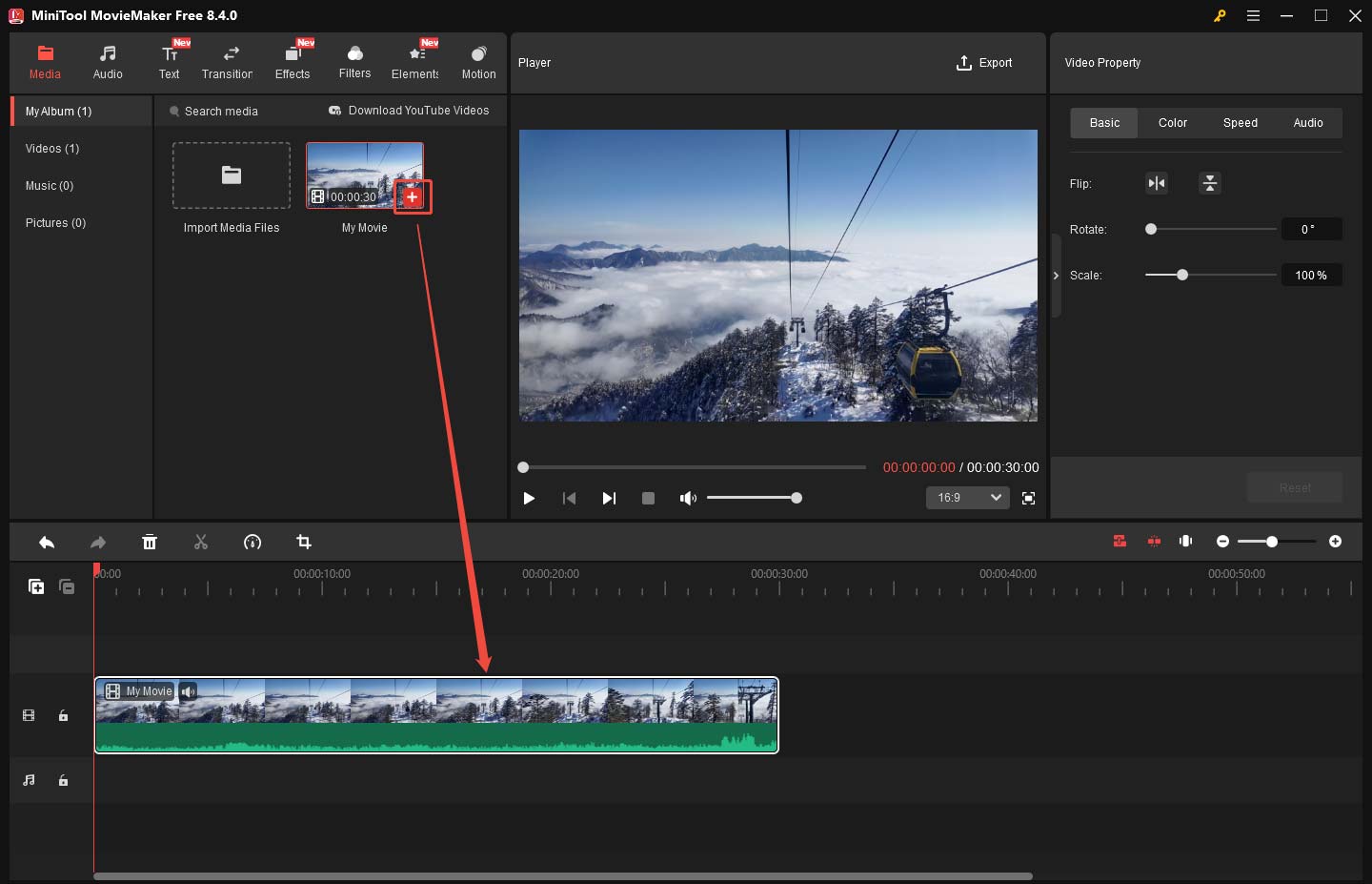 MiniTool MovieMakerでインポートした動画をタイムラインに追加するスクリーンショット