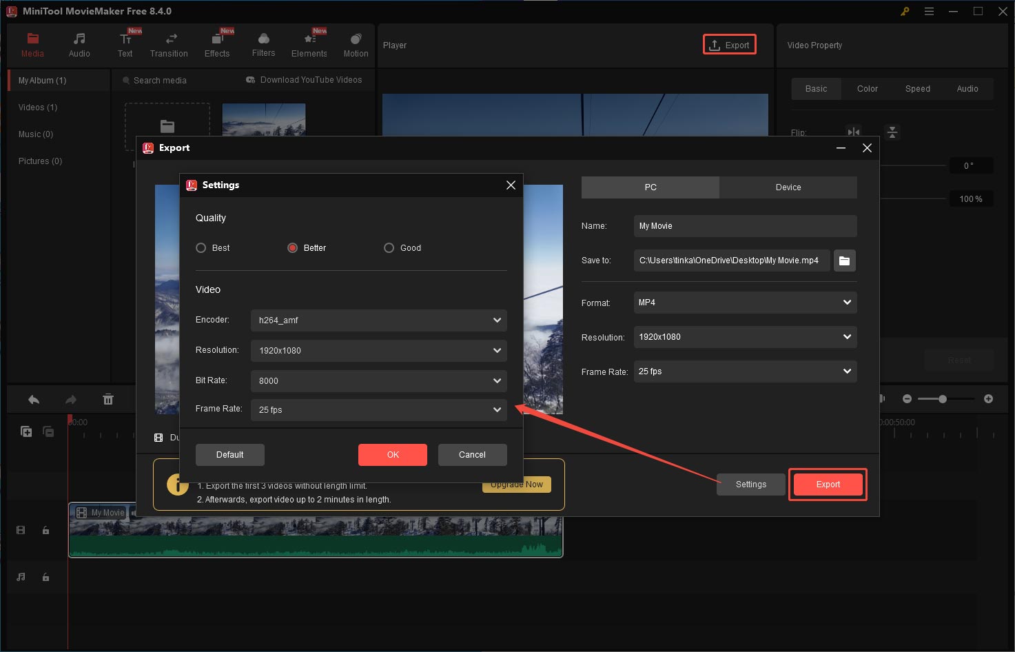 MiniTool MovieMakerで編集した動画のパラメータを調整した動画をエクスポートする様子