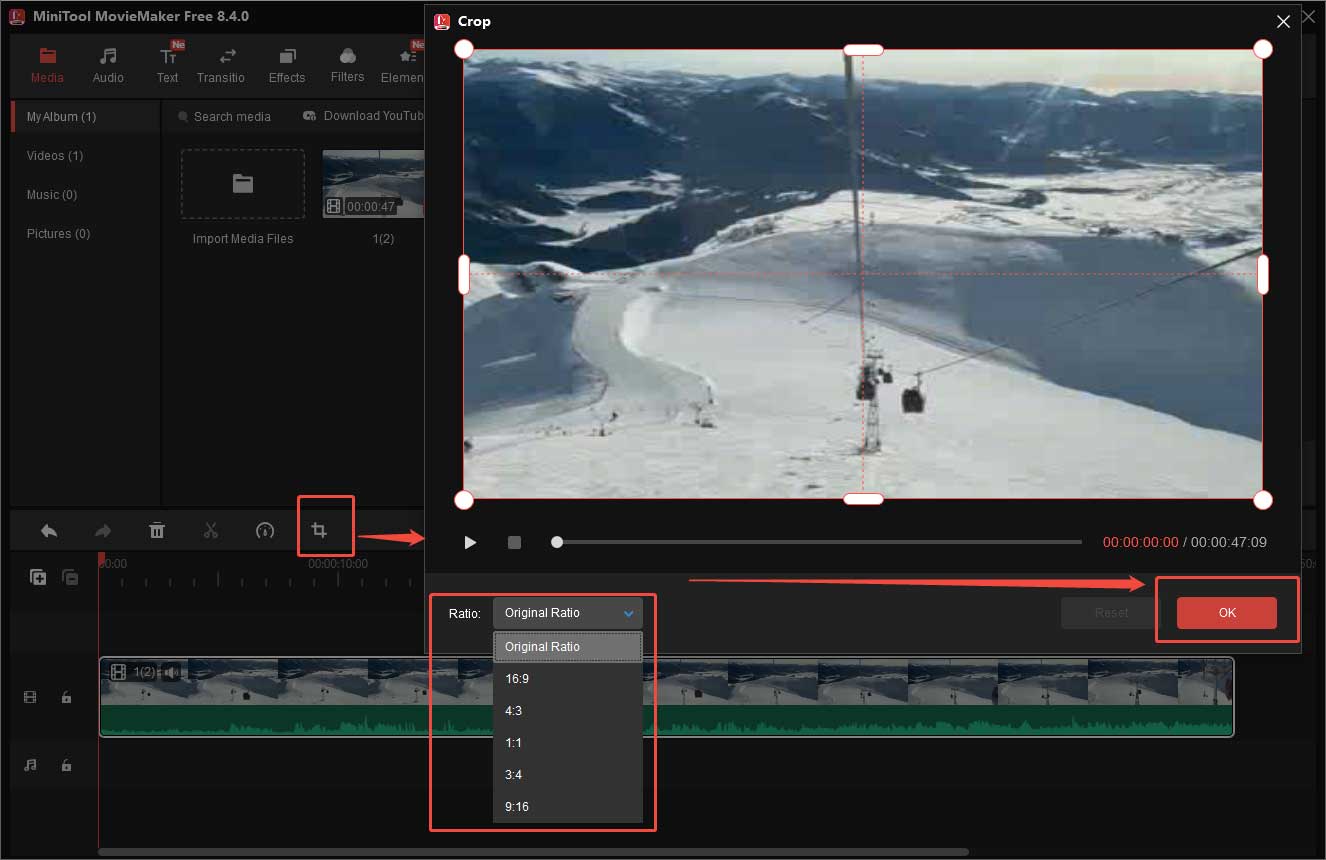 MiniTool MovieMaker-Oberfläche, die zeigt, wie Videos zugeschnitten werden.
