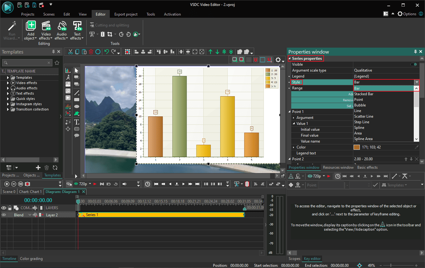 VSDC interface with the highlighted Bar option from Style.
