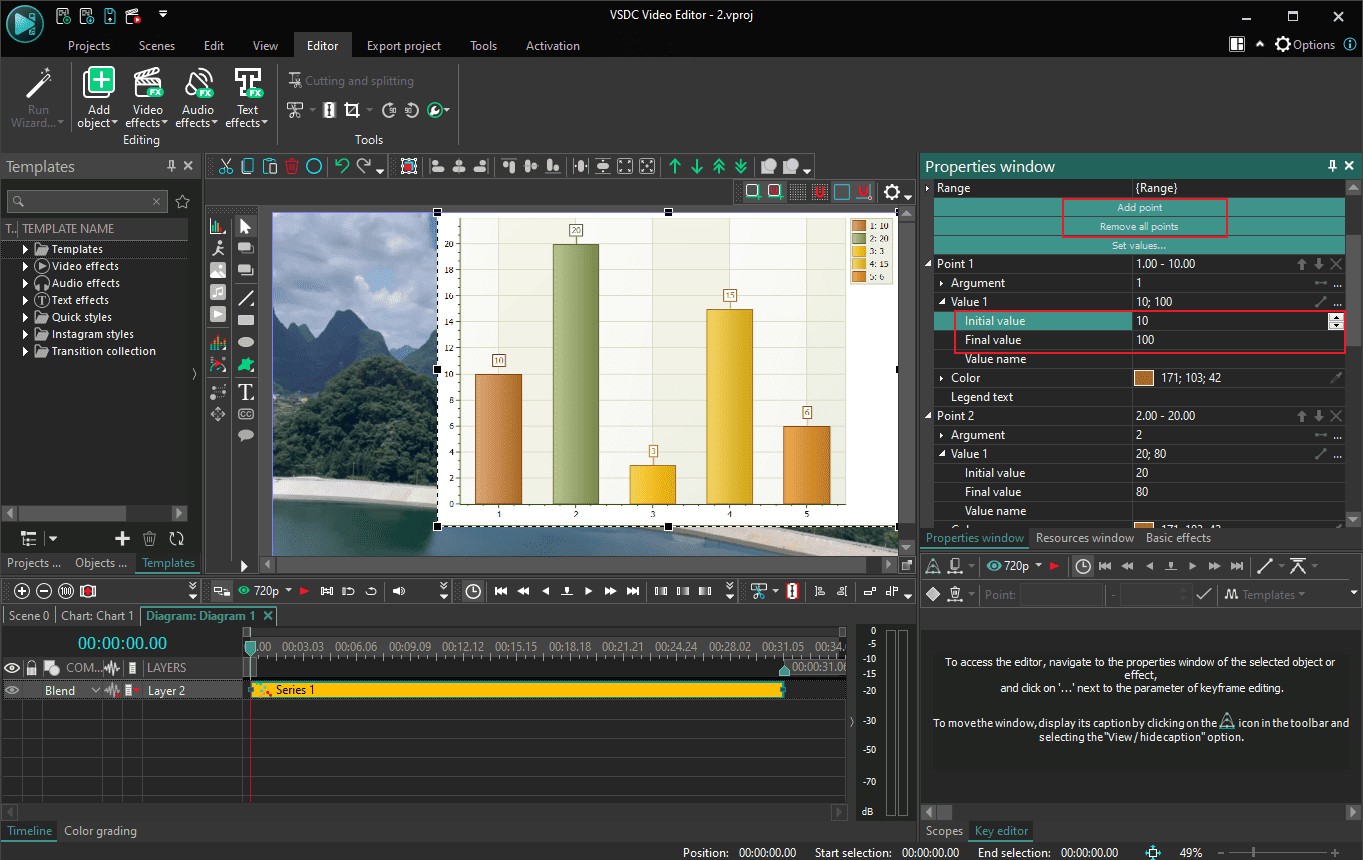 VSDC interface with the highlighted Add point, Remove all points, initial, and final value options.