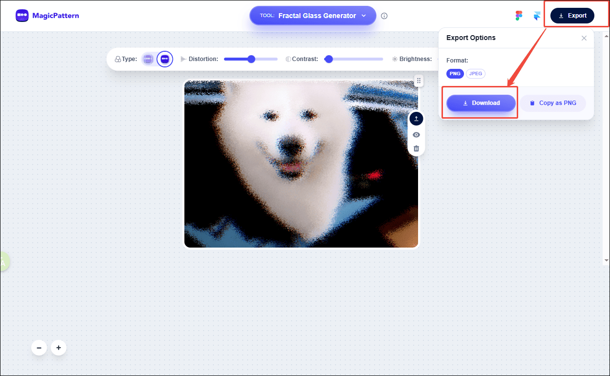 MagicPattern interface that shows how to export the photo with a glass effect.