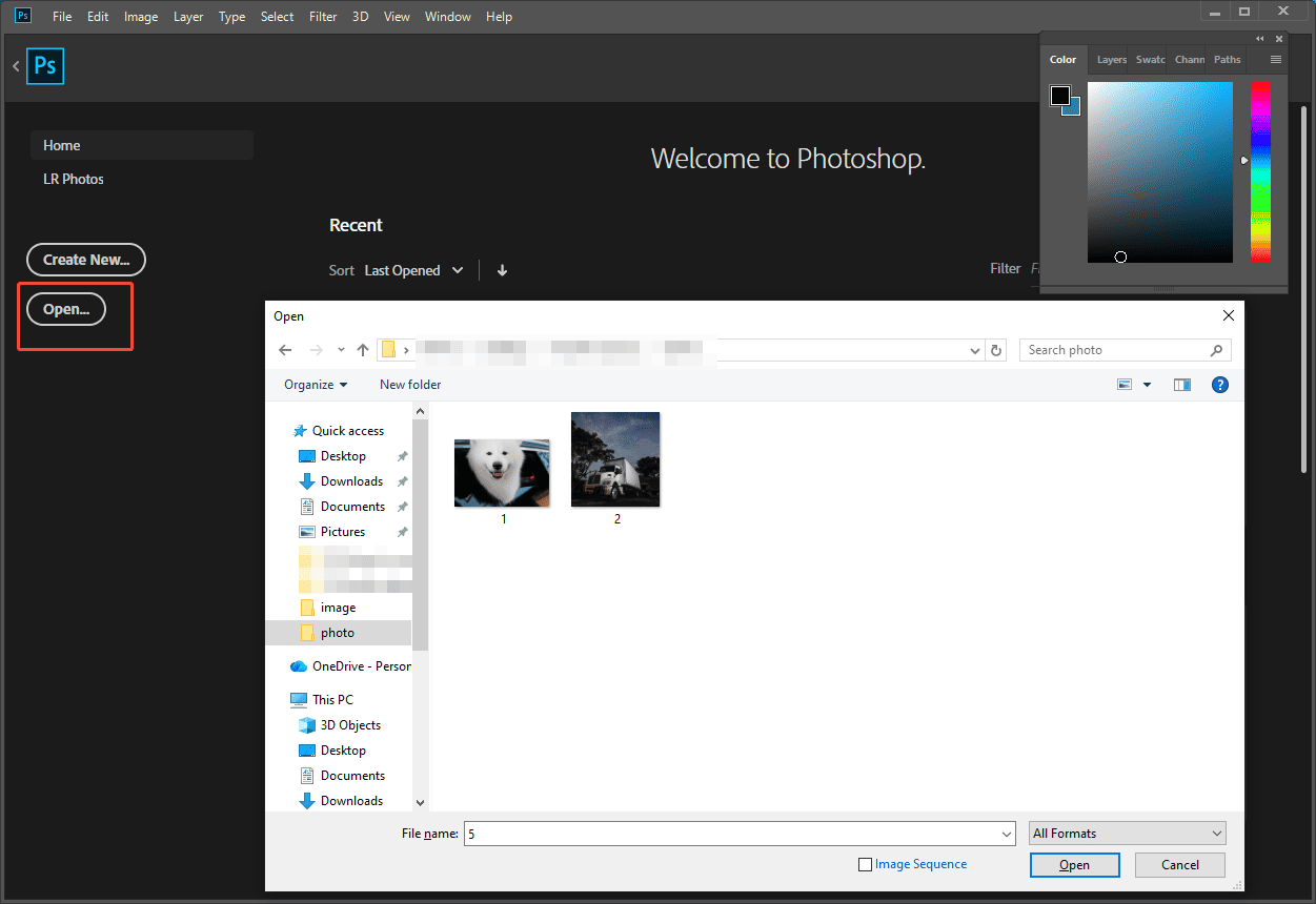 Adobe Photoshop interface with the selected Open option in the left panel.