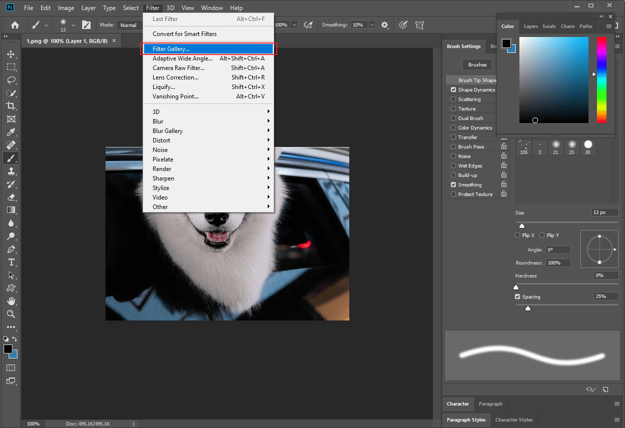 Adobe Photoshop interface with the selected Filter Gallery option from the Filter dropdown list.