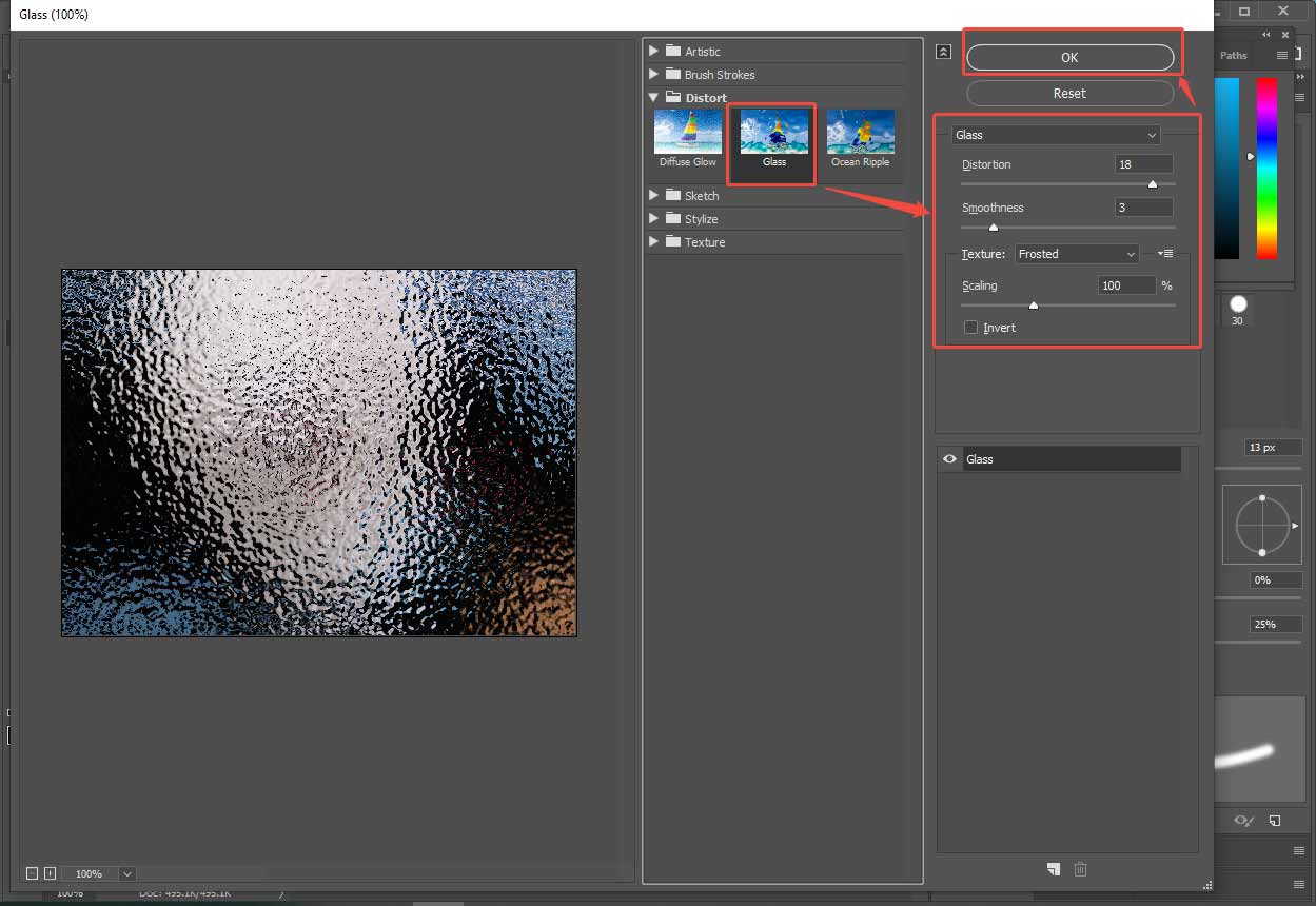 Adobe Photoshop Filter Gallery window that shows how to customize the glass effect.