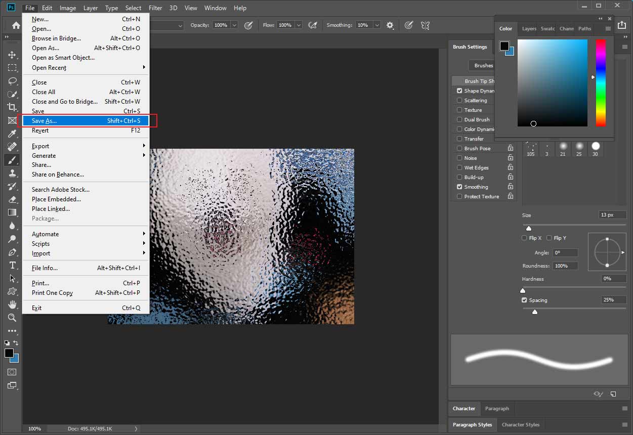 Adobe Photoshop interface with the selected Save As option.