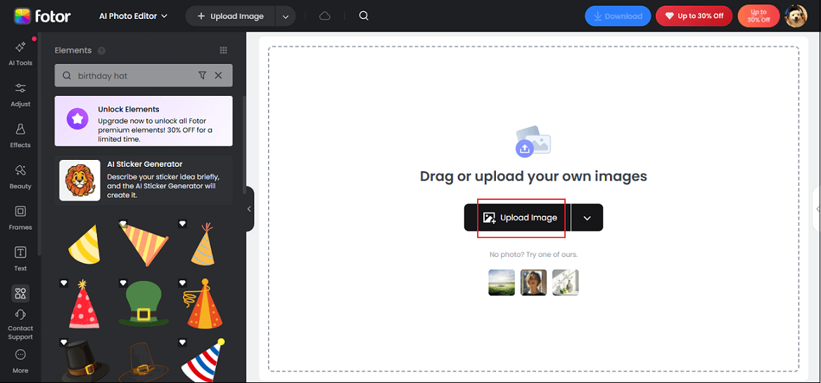 Fotor interface with the Upload Image option selected.