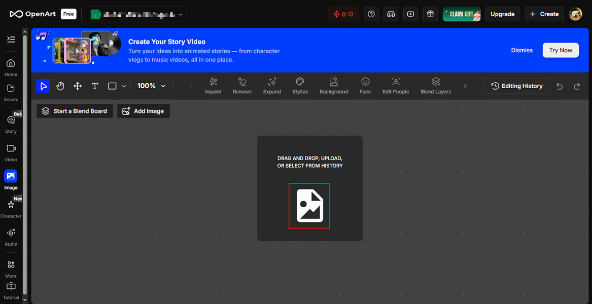 OpenArt interface with the Image icon selected.
