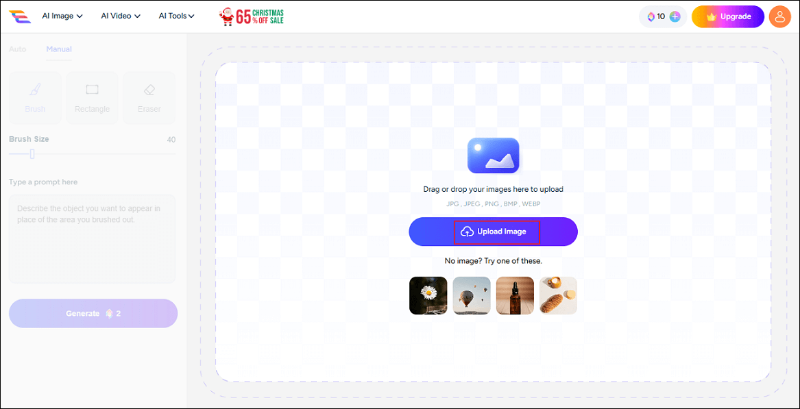 AI Ease interface with the Upload Image button selected.