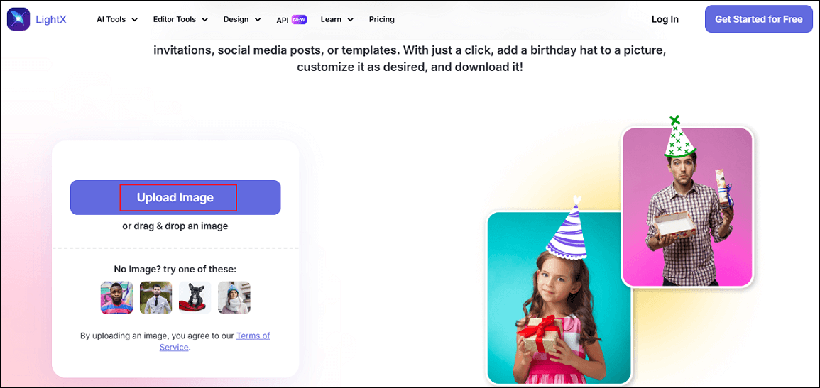 LightX’s Add Birthday Hat to Photo Tool interface.