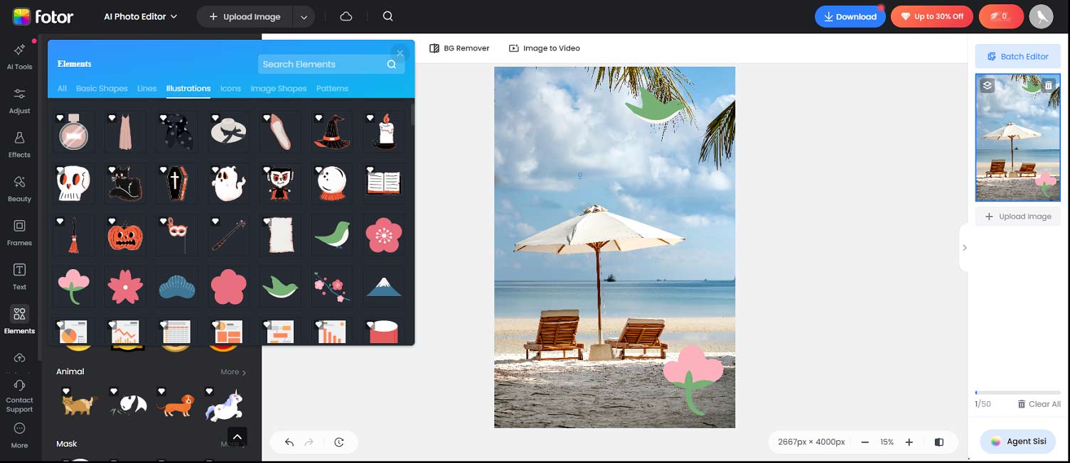 The Illustration tab under the Elements tab in Fotor.