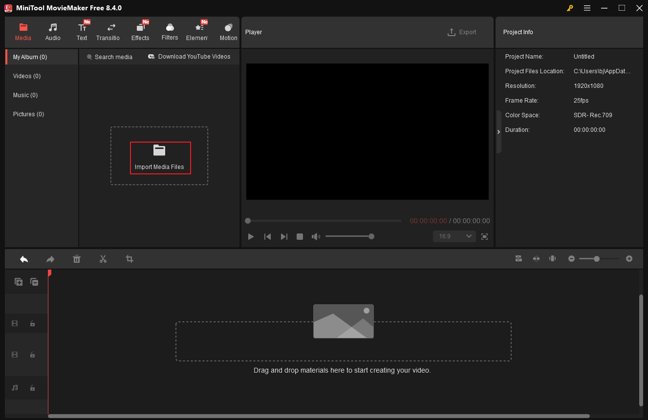 MiniTool MovieMaker interface with the Import Media Files option selected.