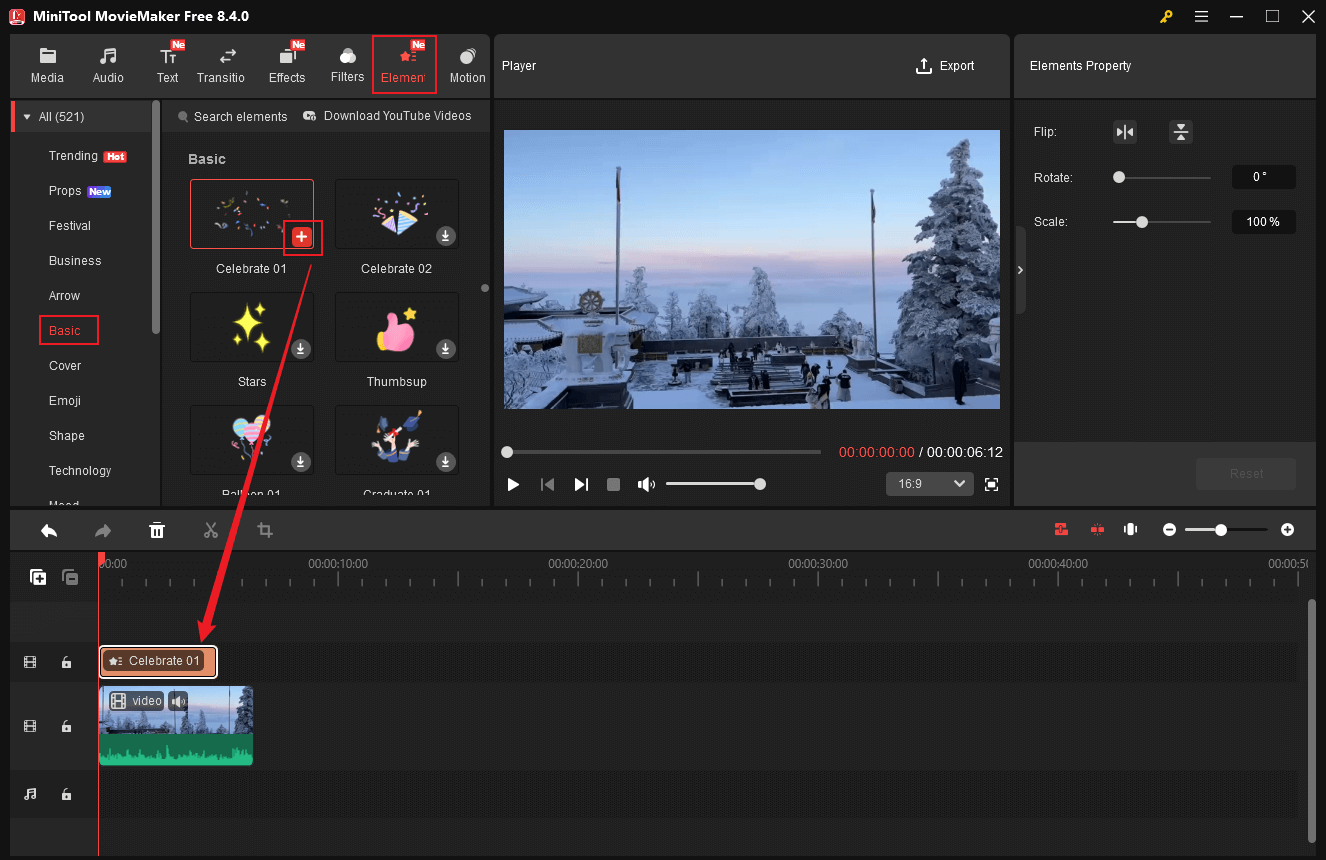 MiniTool MovieMaker interface showing add a confetti sticker from the Elements section to the video.