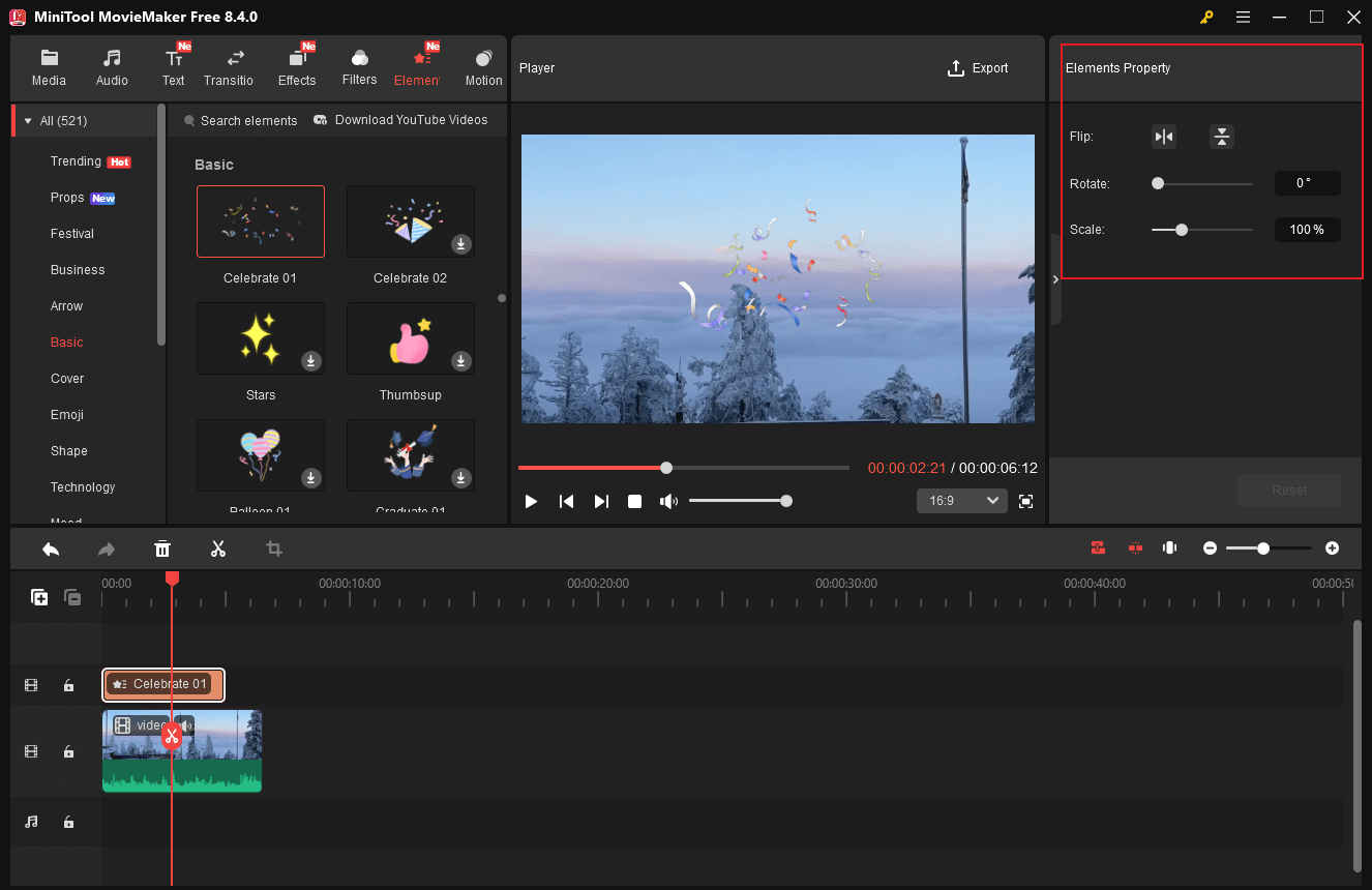 MiniTool MovieMaker interface showing adjust the sticker’s property in the Elements Property window.