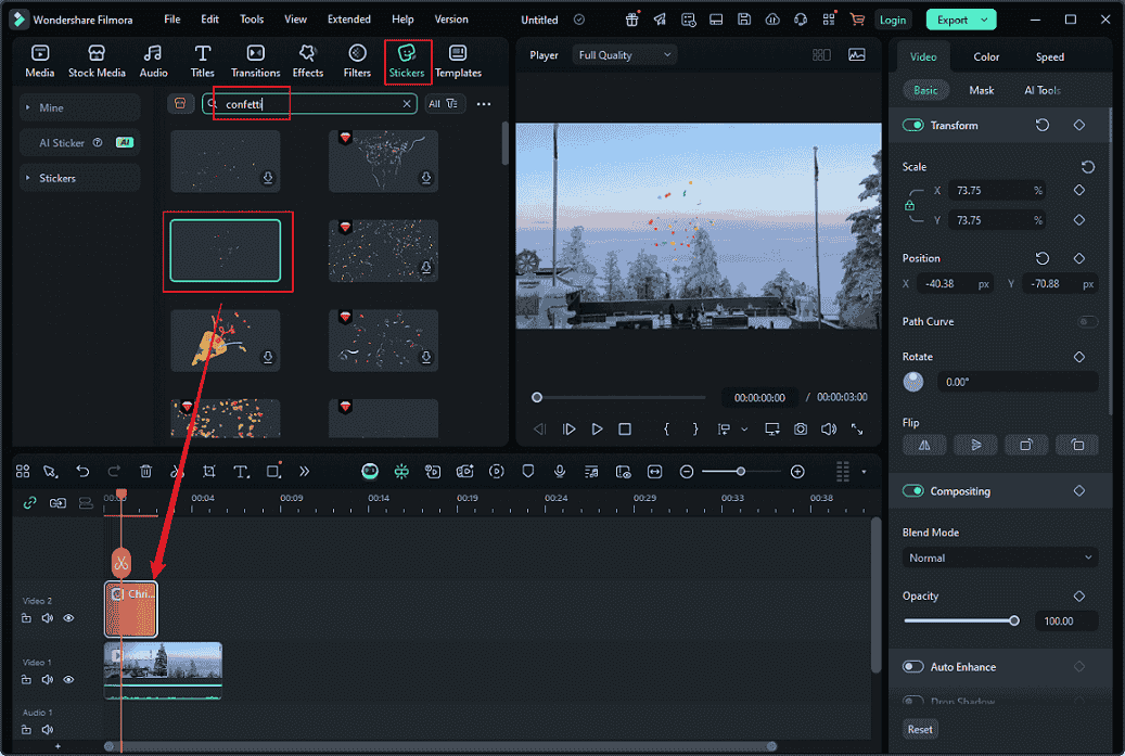 Wondershare Filmora interface showing add a confetti sticker from the Sticker menu to the video.