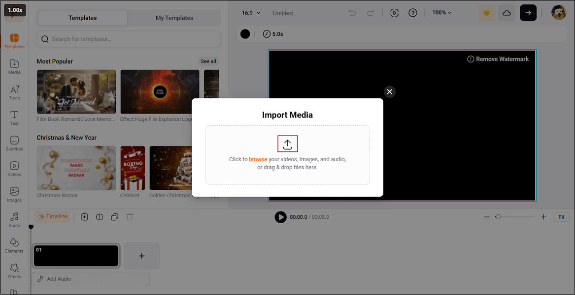FlexClip interface with the Upload option selected.