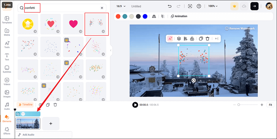 FlexClip interface showing add a confetti sticker from the Elements section to the video.