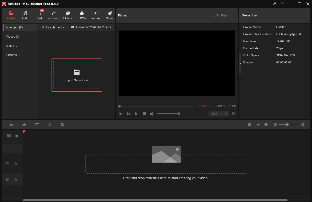 The selected Import Media Files option on the left side of the MiniTool MovieMaker interface.