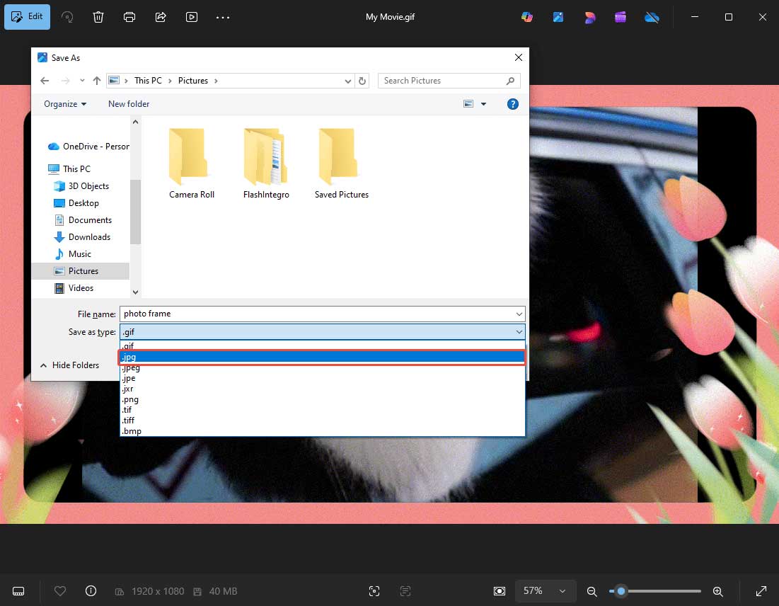 Photos Save as window with the JPG format selected.