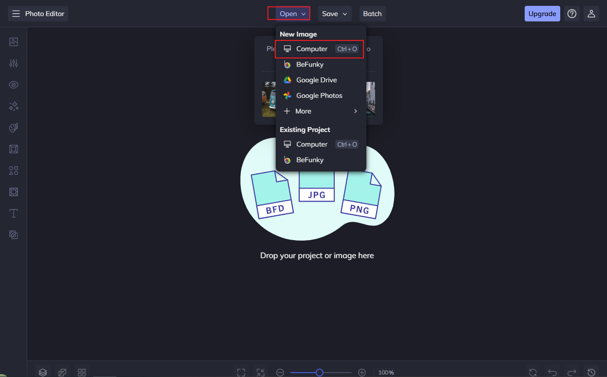 BeFunky interface with the selected Computer option from the Open tab.